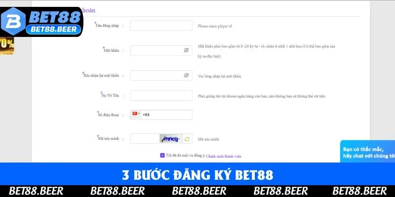 3 bước đăng ký Bet88